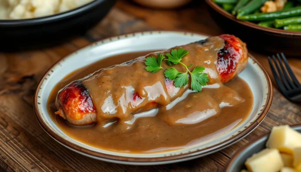 Brown gravy smoked sausage on a plate