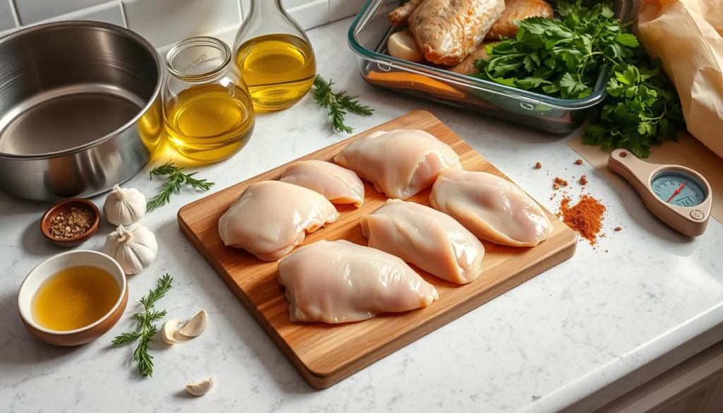 Ingredients and equipment for baking thin chicken breasts